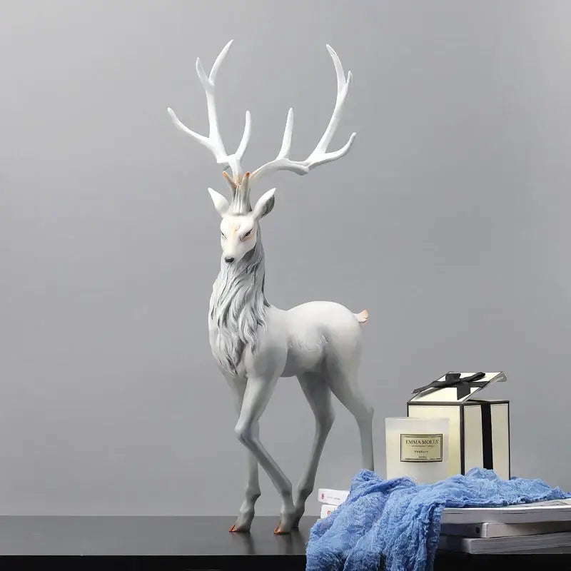 Elegant white resin elk figurine with detailed antlers and textured fur decorbites deer sculpture for living room decor