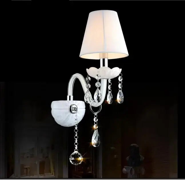 Elegant white crystal wall lamp with sleek chrome finish and double linen fabric shades for bedroom decorbites crystal wall lamp