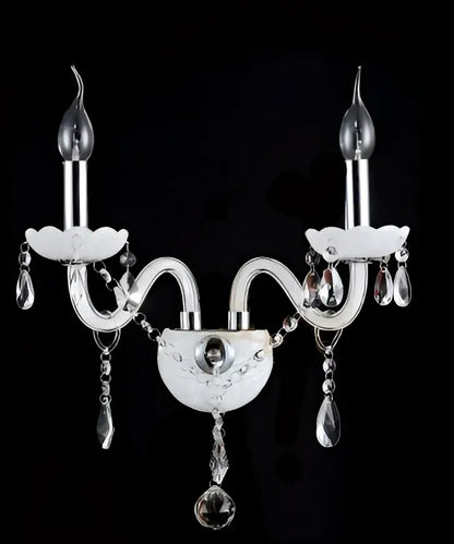 Elegant white crystal wall lamp with silver and clear crystals and two candle-style arms for decorbites crystal wall decor