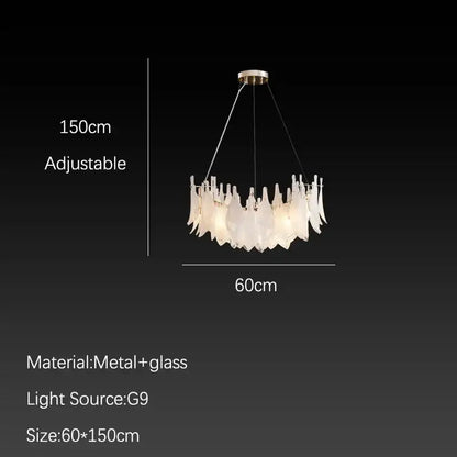 Elegant white feather cloud mist glass chandelier with translucent leaf-like shades on a metallic frame for bedroom decorbites cloud mist
