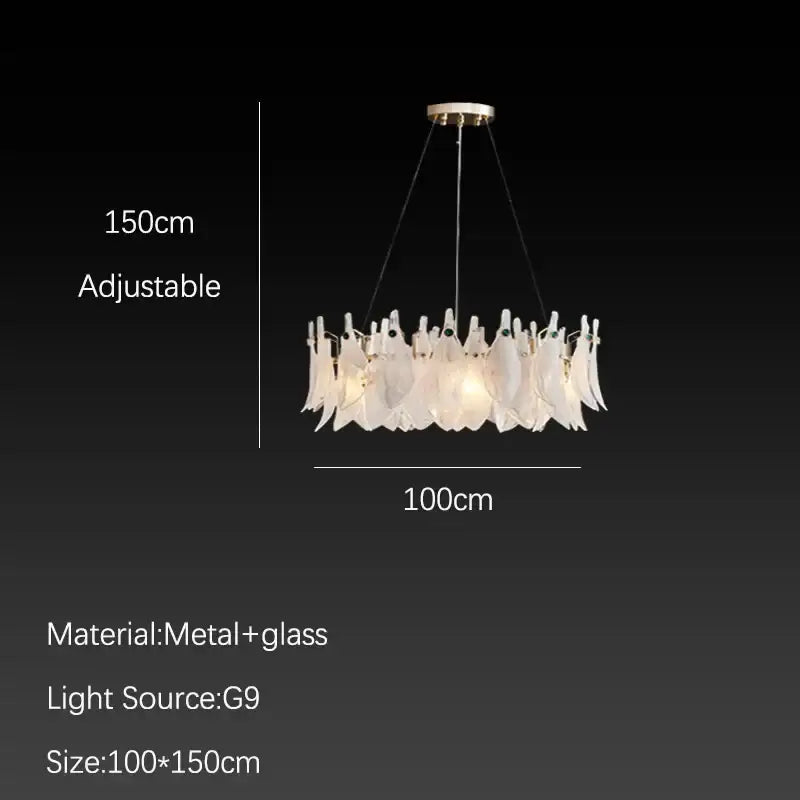 Elegant white feather cloud mist glass chandelier with metallic frame adjustable 150cm height 100cm diameter decorbites cloud mist