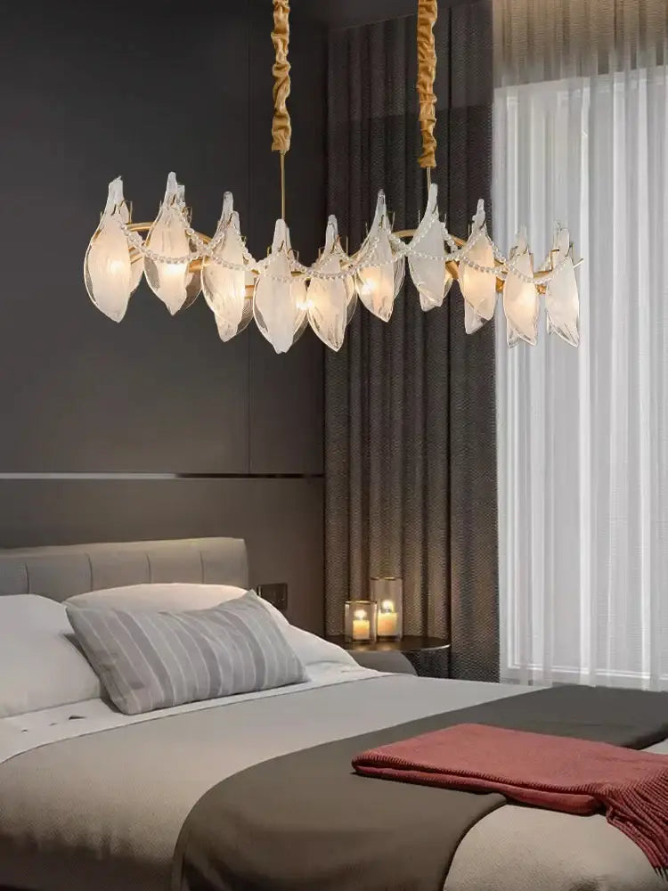 Elegant gold-toned mist glass chandelier with translucent leaf-shaped shades and twisted rope cords for bedroom decorbites cloud mist