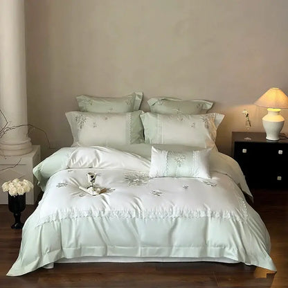 Elegant mint green satin bedding set with delicate silver decorbites flowers embroidery lace trim for bedroom decor