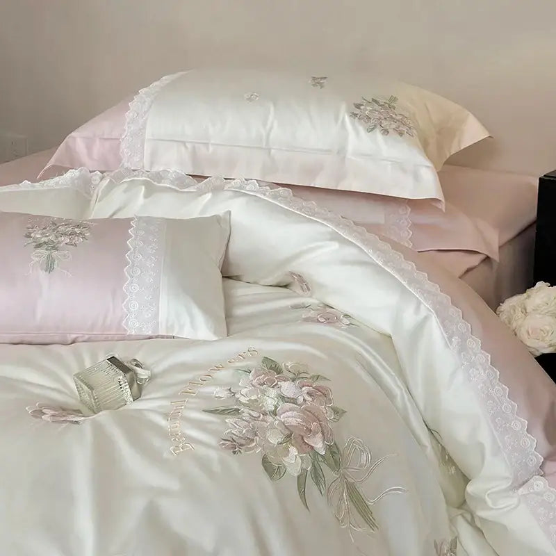 Elegant white satin bedding set with delicate pink decorbites flowers embroidery lace for bedroom decor