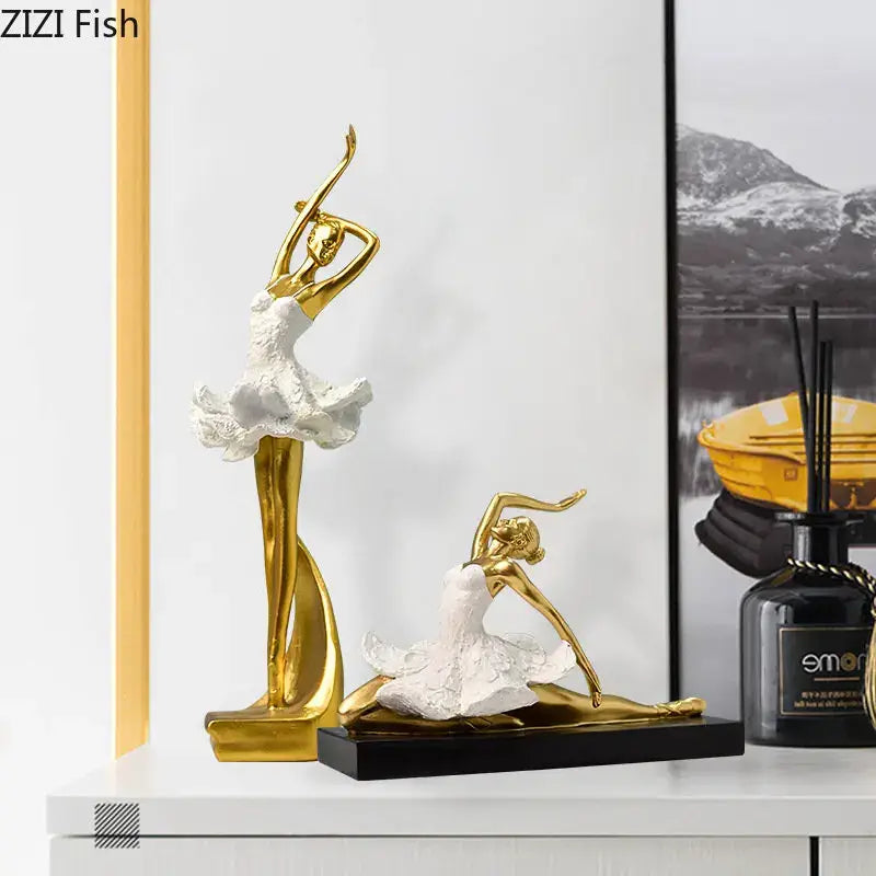 Elegant white and gold ballet dancer resin sculpture with textured skirts displayed on black base for bedroom decor