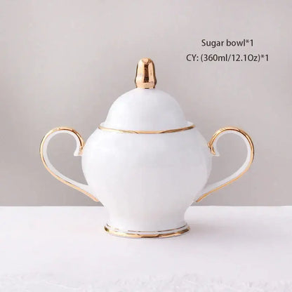 Elegant white and gold bone china coffee set sugar bowl with gold-trimmed handles lid knob and base porcelain tea set