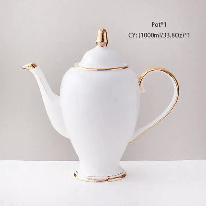 Elegant white bone china coffee set teapot with gold-trimmed lid spout handle and base for dining room use