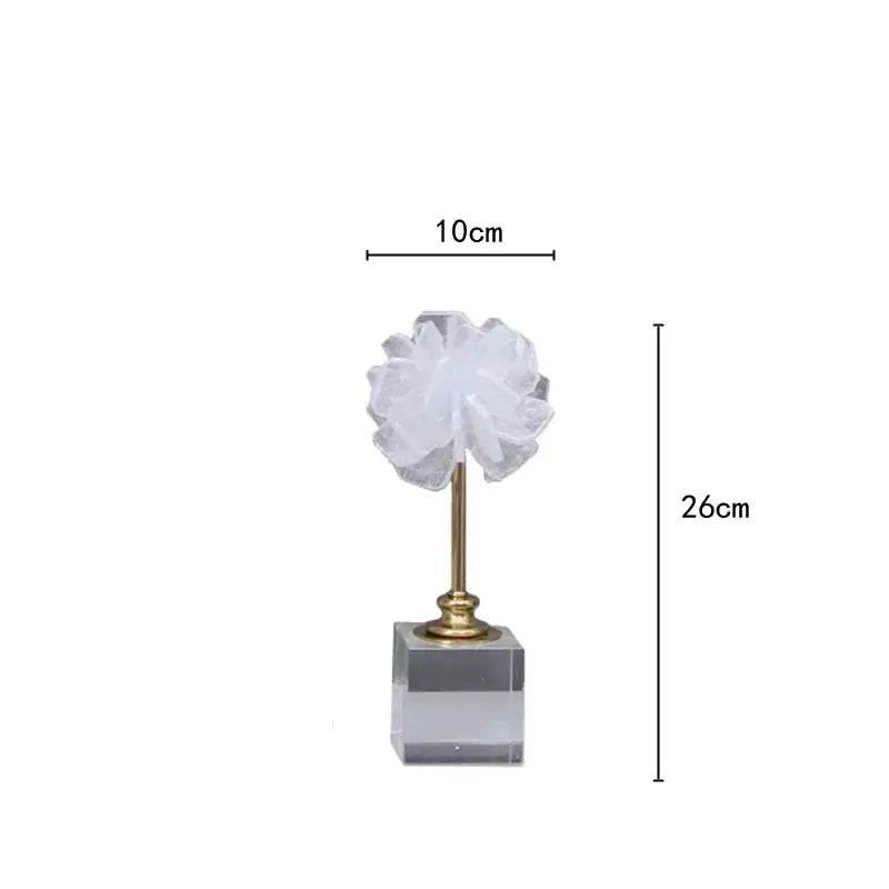 Elegant white organza flower glass craft hyalinite sculpture with gold stem and crystal base for living room decor
