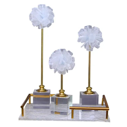 Elegant white organza flower glass craft hyalinite sculpture with translucent petals on gold stems in clear bases