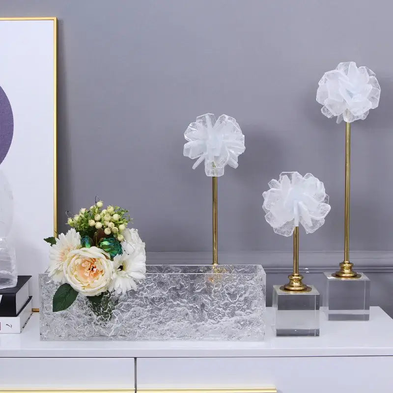 Elegant white organza flower glass craft sculpture with slender gold stems on clear acrylic bases for living room decor