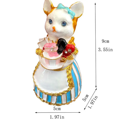 Elegant white porcelain trinket box featuring an orange and white decorbites elegant cat holding a decorative teacup