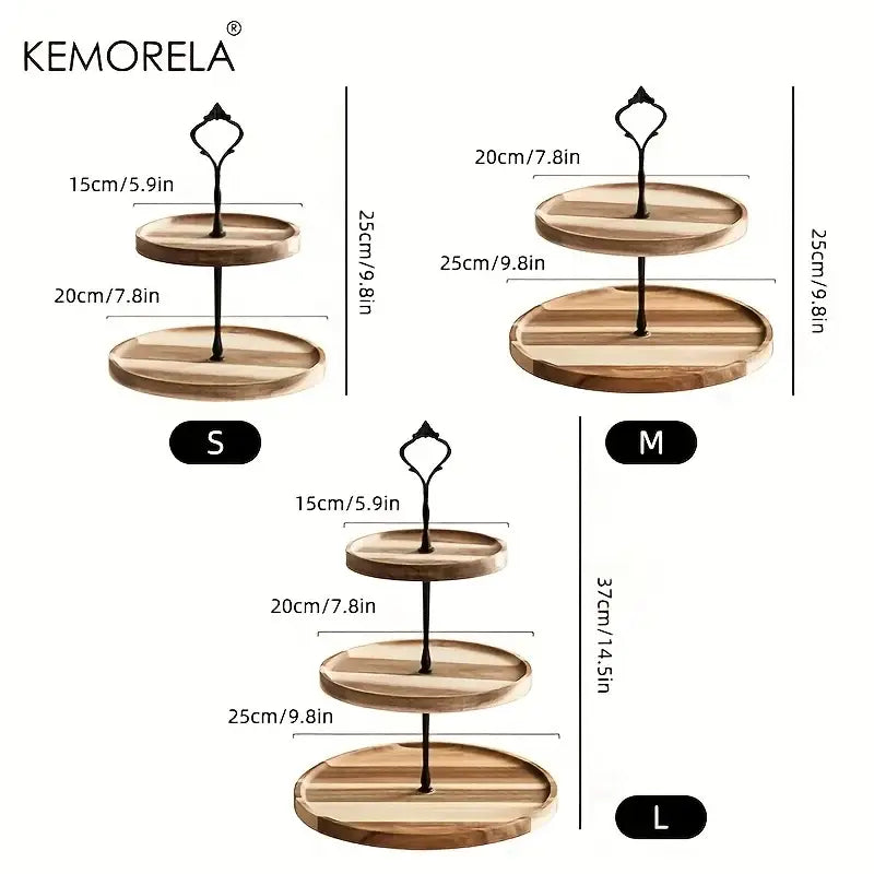 Kemorela three-tier wooden dried fruit tray with black metal support and ornate handle for elegant dessert display