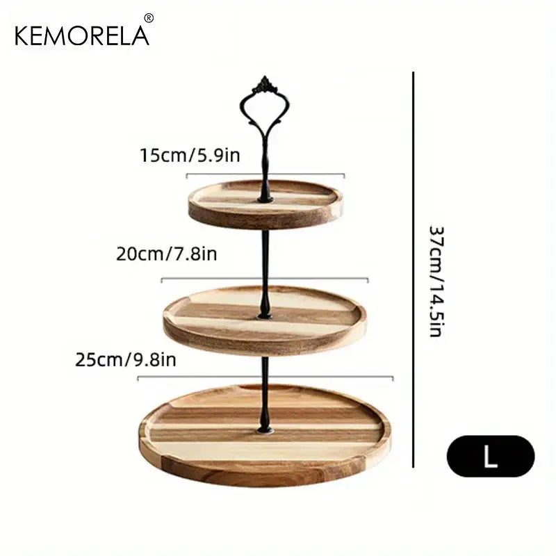 Kemorela three-tier wooden dried fruit tray with black metal support and ornate handle for elegant fruit display