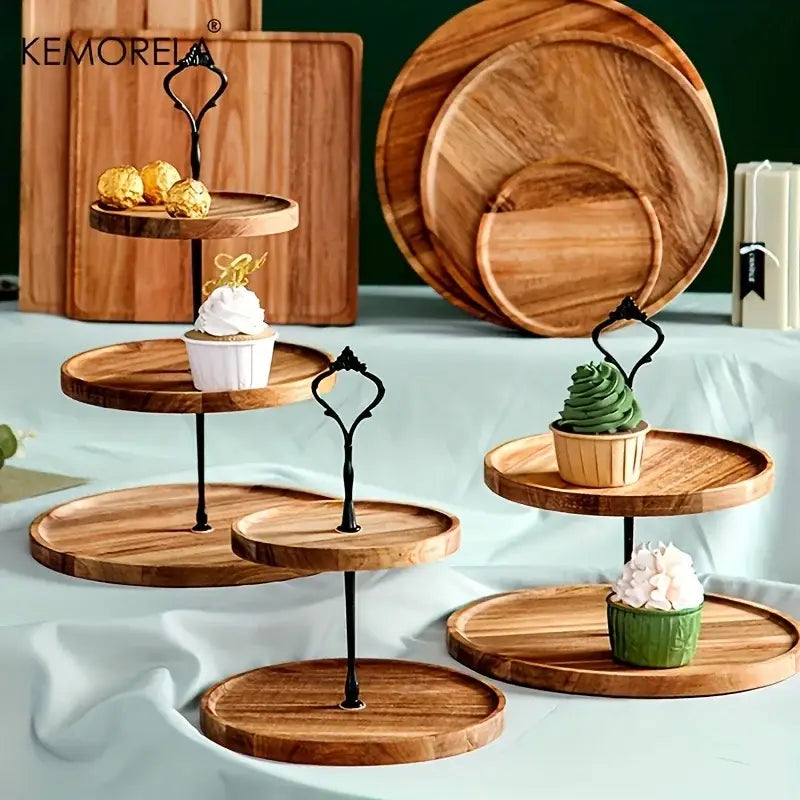 Elegant three-tier wooden dried fruit tray with black metal supports and natural wood finish for dining room use