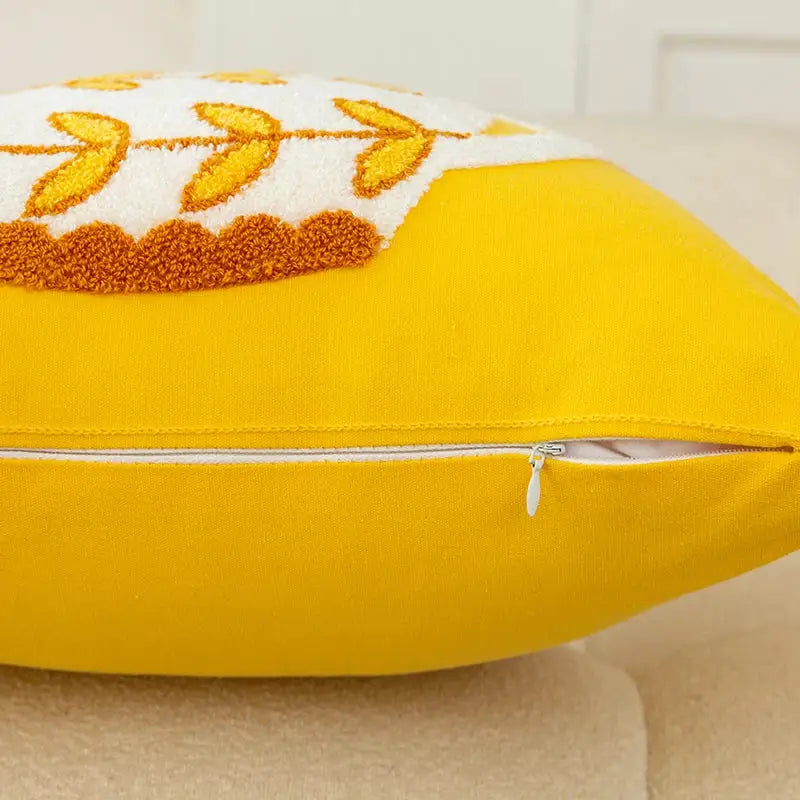 Bright yellow cushion cover with white and orange embroidered wheat design decorbites elegant yellow vase flower decor
