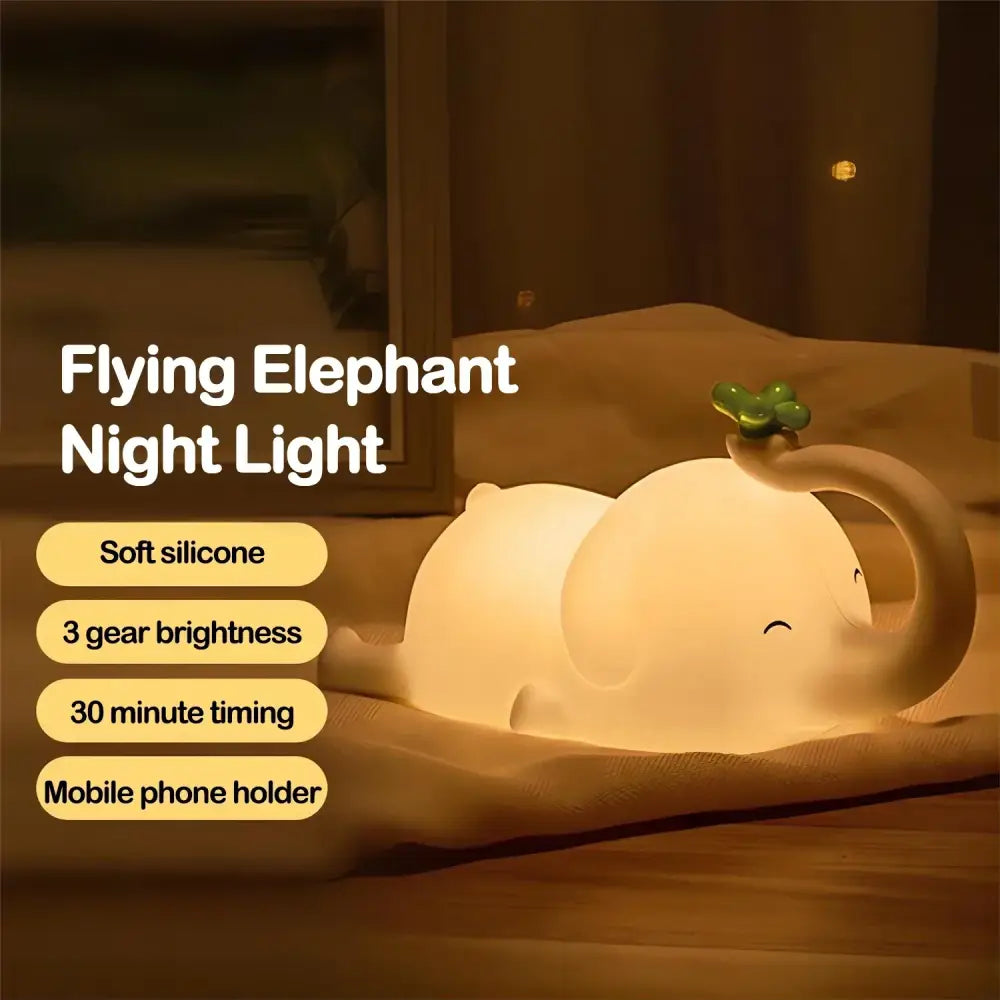 Soft silicone flying elephant night light with gentle glow and green clover top for decorbites elephant silicone night use