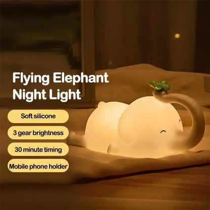 Soft silicone flying elephant night light with gentle glow and green clover top for decorbites elephant silicone night use