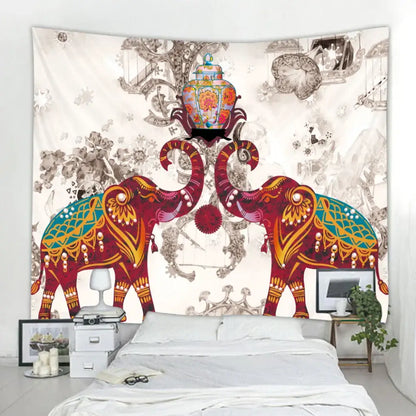 Vibrant elephant tarot psychedelic tapestry in red and teal with gold detailing for yoga room wall art decorbites elephant tarot