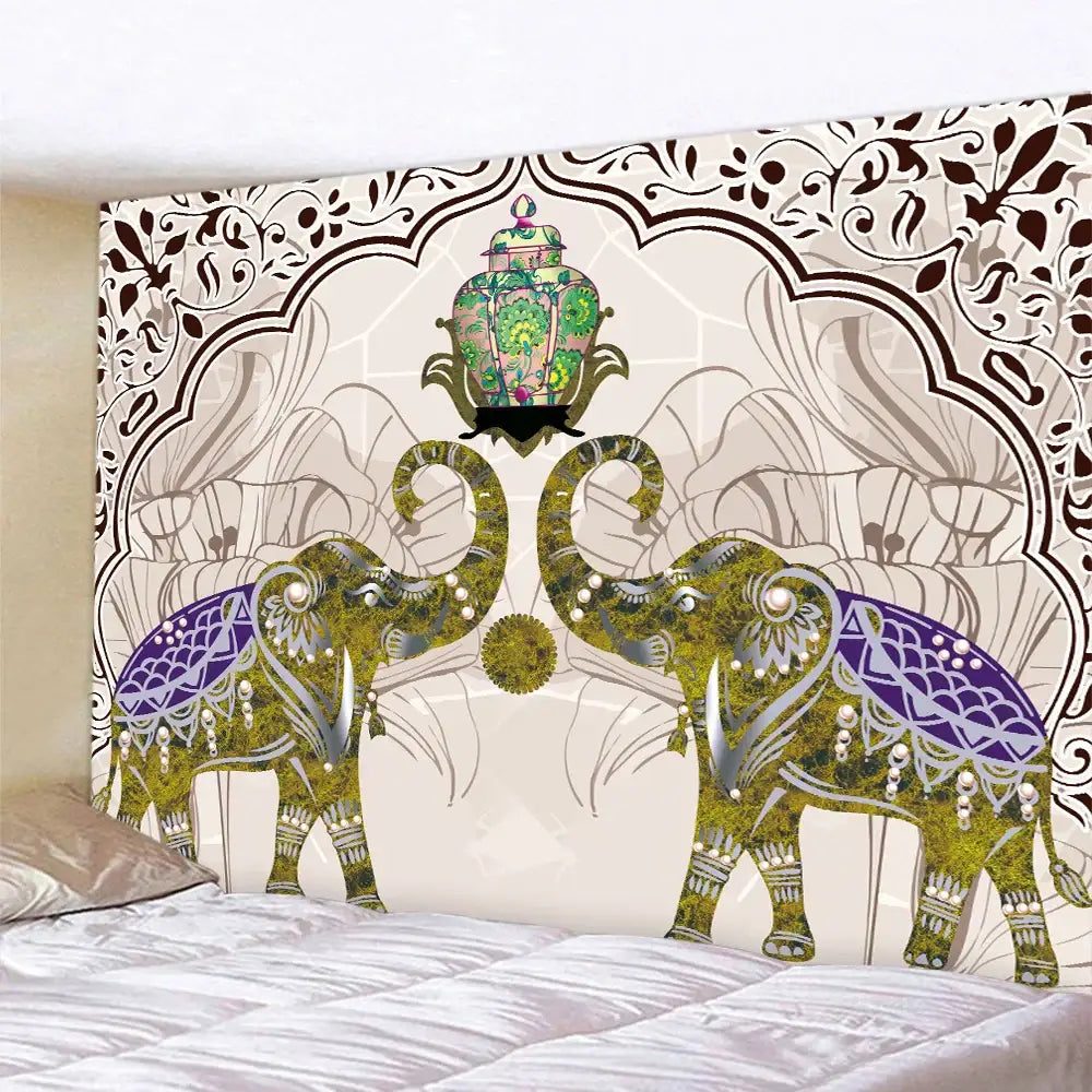 A decorbites elephant tarot psychedelic tapestry featuring green and purple elephants under a floral archway for yoga decor