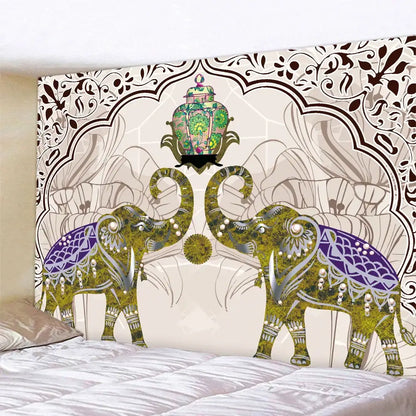 A decorbites elephant tarot psychedelic tapestry featuring green and purple elephants under a floral archway for yoga decor