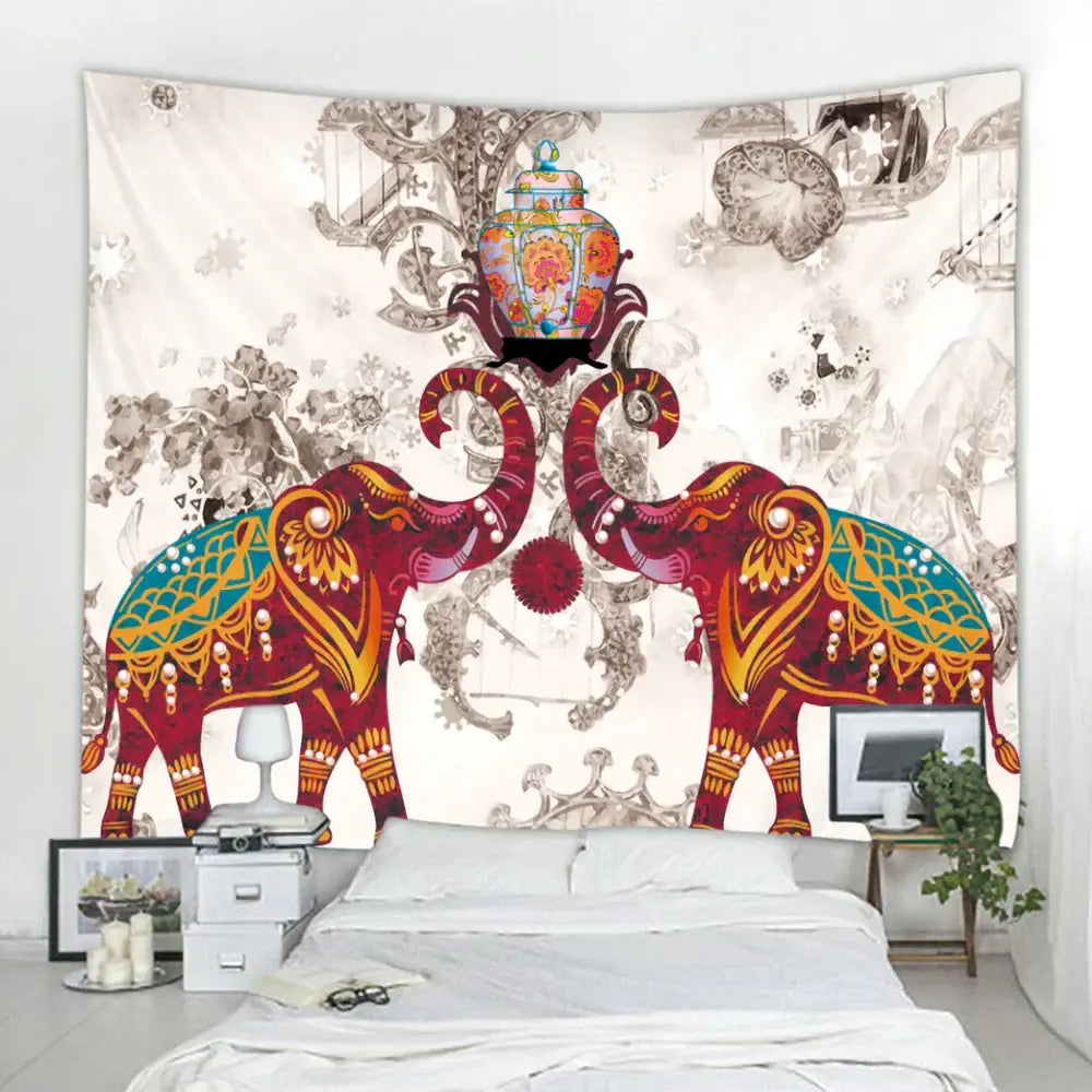 Vibrant elephant tarot psychedelic tapestry in red and teal with gold detailing for yoga room wall decor by decorbites