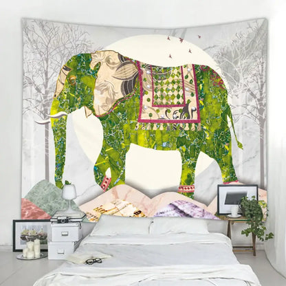 A vibrant green elephant tarot psychedelic tapestry with intricate patterns and patchwork design for yoga room decorbites elephant tarot