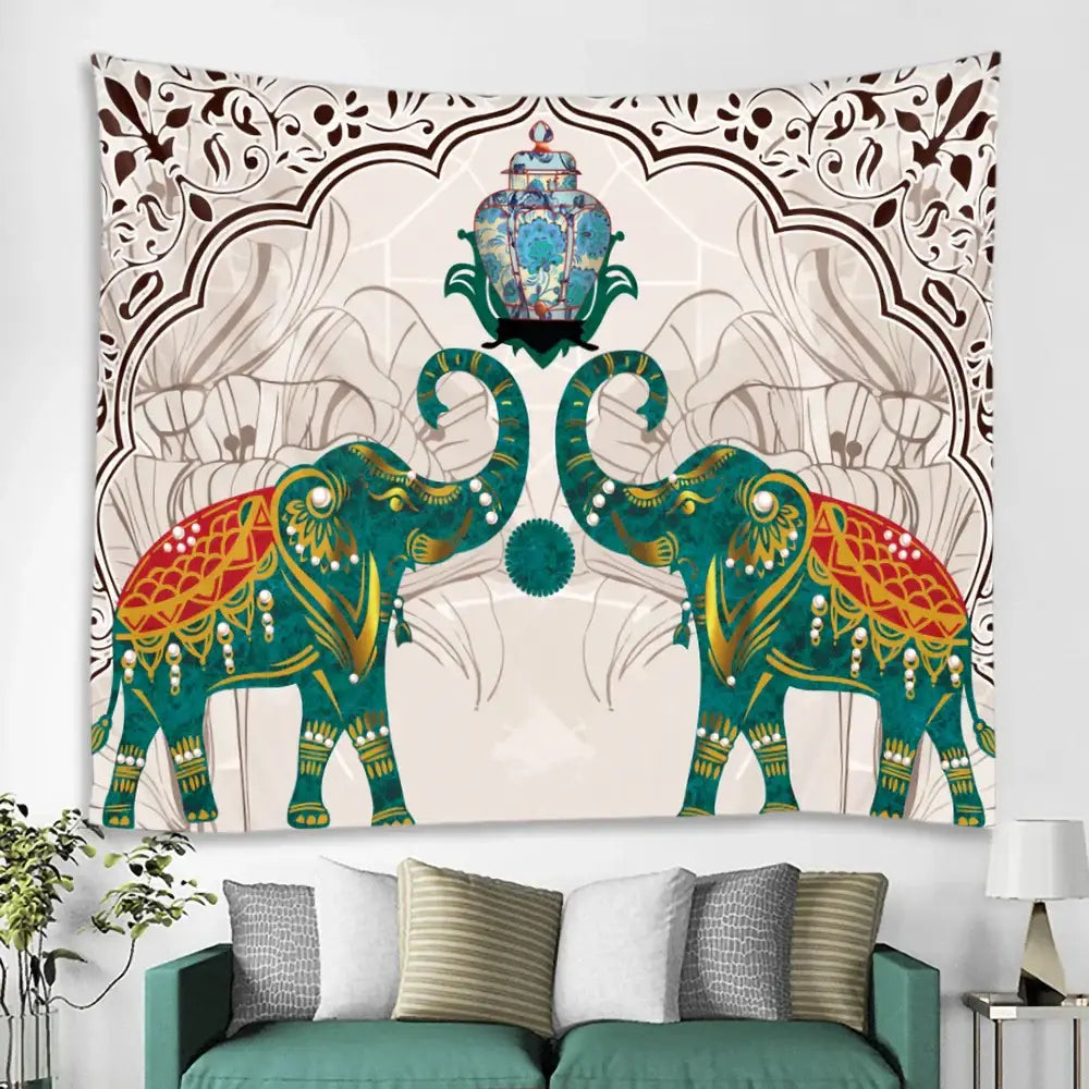 Vibrant teal and orange elephant tarot psychedelic tapestry with ornate elephants and arched vase for yoga room decorbites decor