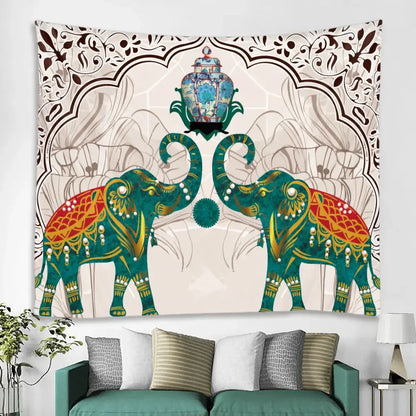 Vibrant teal and orange elephant tarot psychedelic tapestry with ornate elephants and arched vase for yoga room decorbites decor