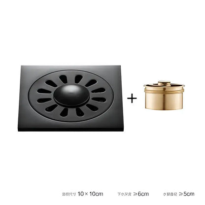 Black brass square floor drain with embossed floral sunburst pattern and gold decorbites brass square overflow cover for shower room
