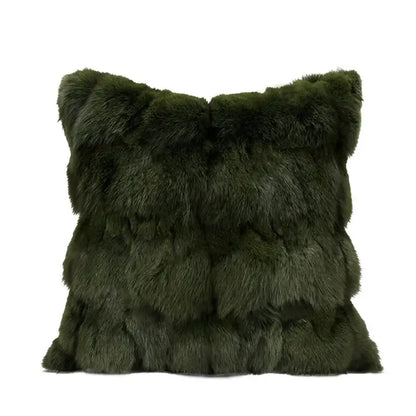 Olive green faux fur throw pillow with layered plush texture complementing decorbites embossed floral cushion cover