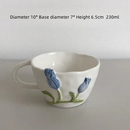 White ceramic embossed tulip ceramic cup with hand-painted blue tulips green stems for decorbites 3d embossed decor