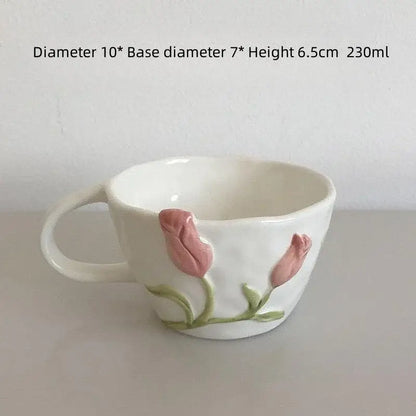 White ceramic embossed tulip ceramic cup with pink tulip and green stem decals for kitchen decorbites 3d embossed design