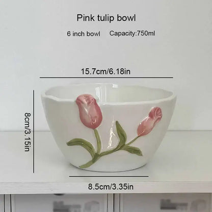 White ceramic bowl with embossed tulip ceramic pink design and green stems for decorbites 3d embossed kitchen decor