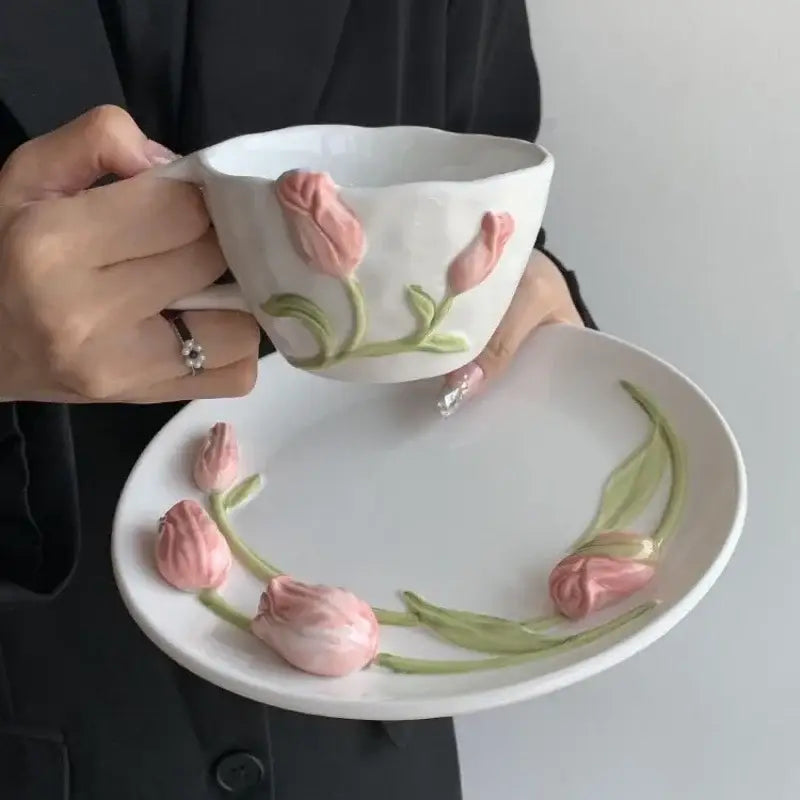 Embossed tulip ceramic cup and saucer set in white with 3d embossed pink tulip decorbites for kitchen decor