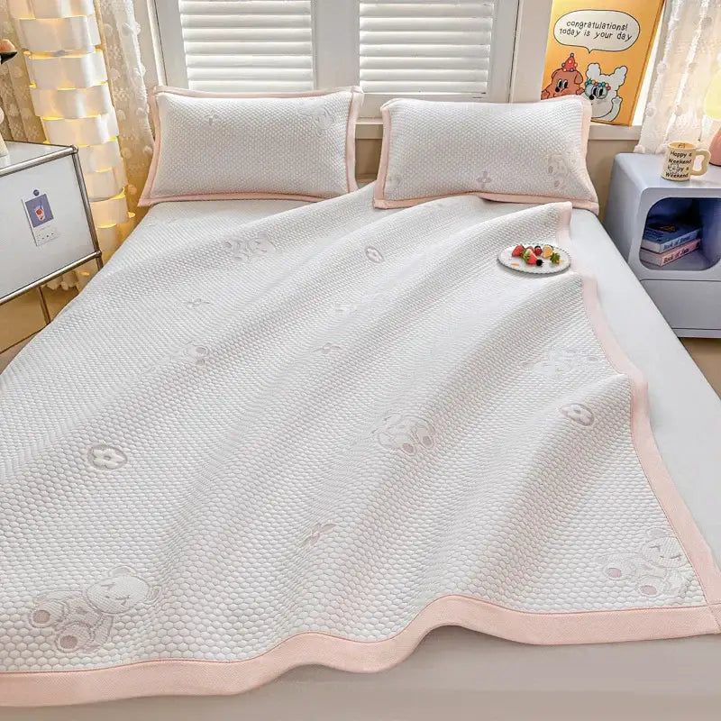 Embroidered bear white and pink cooling feel mat set featuring a soft textured surface for bedroom mattress use