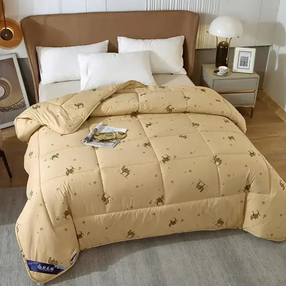 Embroidered beige camel hair quilted blanket with brown horse and rider pattern for decorbites camel hair comforter