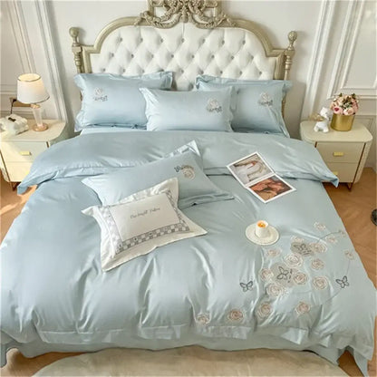 Light blue satin egyptian cotton duvet cover set with delicate embroidered roses and butterflies cover set