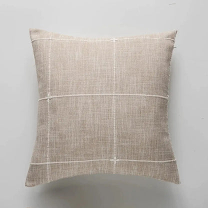 Beige linen throw pillow with subtle white grid stitching featuring brown grey stripe embroidery for decorbites brown grey living room decor