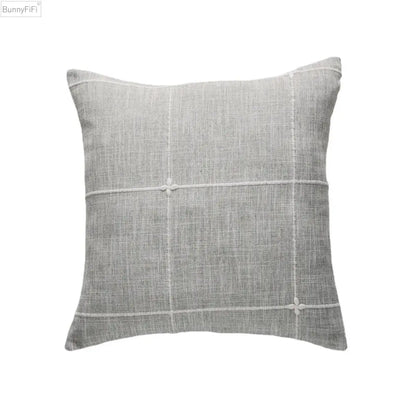 Gray linen throw pillow with white grid stitching and knots for decorbites brown grey stripe living room decor