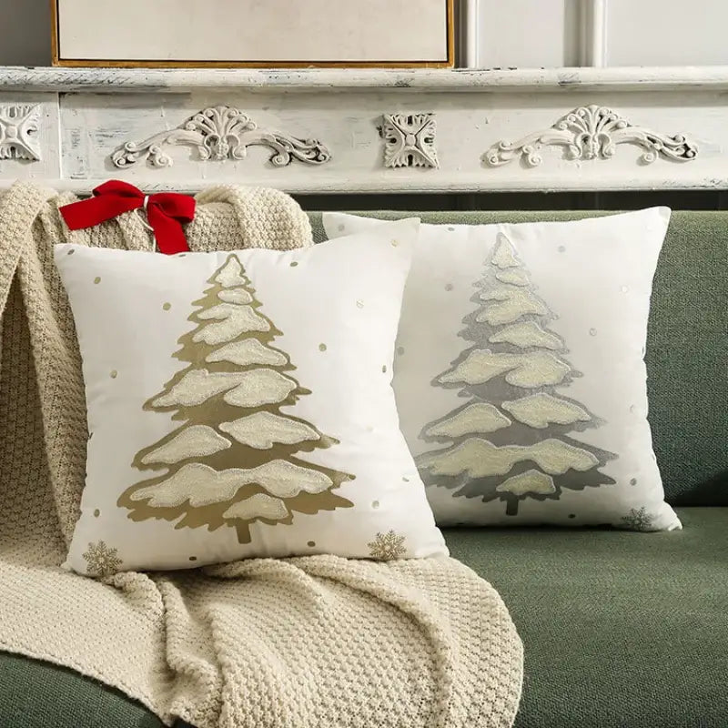 White pillow covers with gold and silver embroidered christmas pine trees and decorative dots for living room decorbites decor