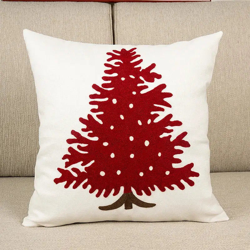 White cushion cover with decorbites embroidered christmas tree in red felt and green accents for living room decor