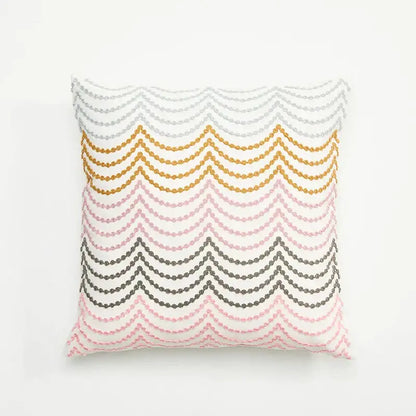 Square cushion cover with embroidered daisy dandelion silver gold pink gray bead zigzag patterns on white base for living room decor