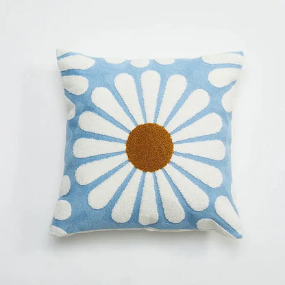 Soft square cushion cover with embroidered daisy dandelion design in light blue and brown for white living room decor