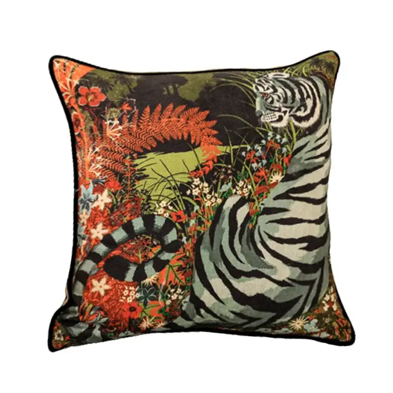 Square embroidered throw pillow featuring a white tiger design with red and green foliage for elephant jungle paradise decorbites elephant jungle