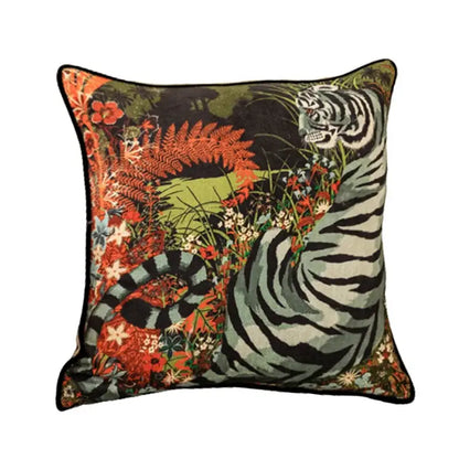 Square embroidered throw pillow featuring a white tiger design with red and green foliage for elephant jungle paradise decorbites elephant jungle