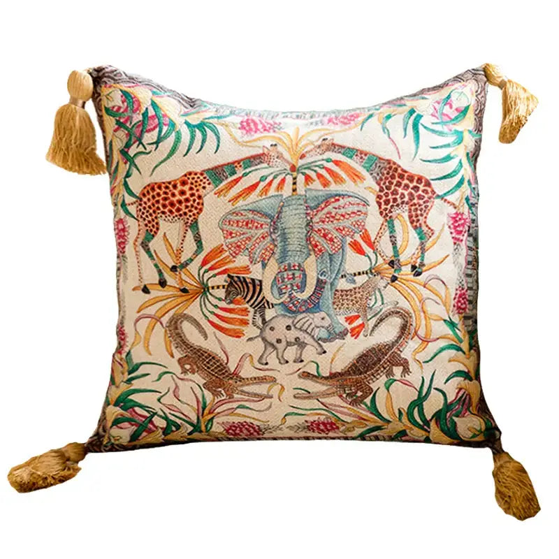 Cream-colored embroidered elephant jungle paradise throw pillow with vibrant animals and golden tassels for living room decorbites decor
