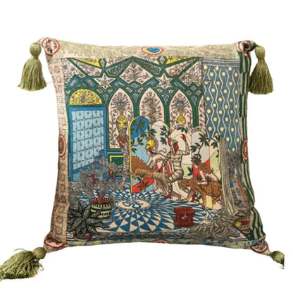 Square embroidered elephant jungle paradise throw pillow with intricate blue green design and olive tassels for decorbites jungle decor