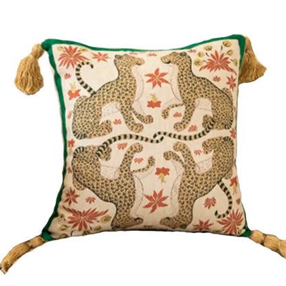Embroidered elephant jungle paradise throw pillow with embroidered cheetahs red floral accents and golden tassels decorbites elephant jungle decor