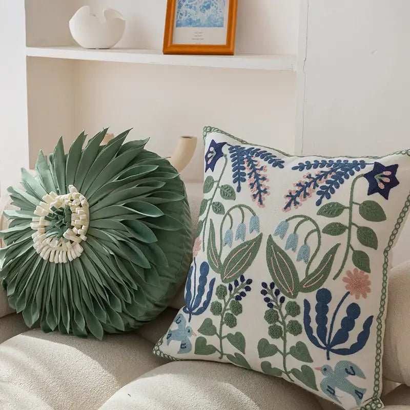 Embroidered floral bird office cushion pillowcase in sage green with ruffled texture and white beaded embellishment