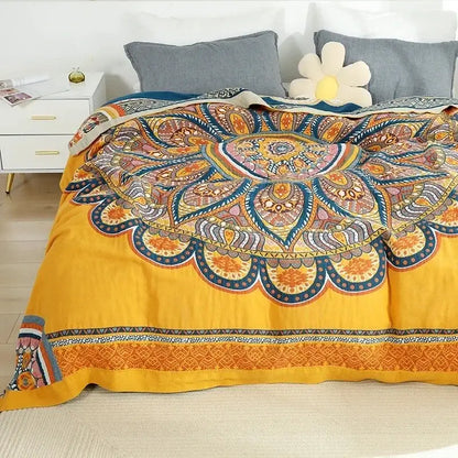 Vibrant yellow decorbites cotton gauze duvet cover with detailed colorful mandala paisley and geometric pattern